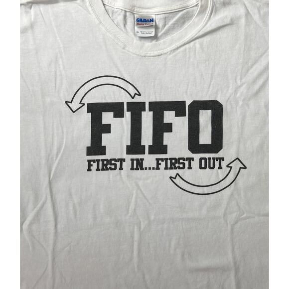 Gildan FIFO First In First Out Short Sleeve Crew Neck Tee Shirt XL White Black - Picture 5 of 10